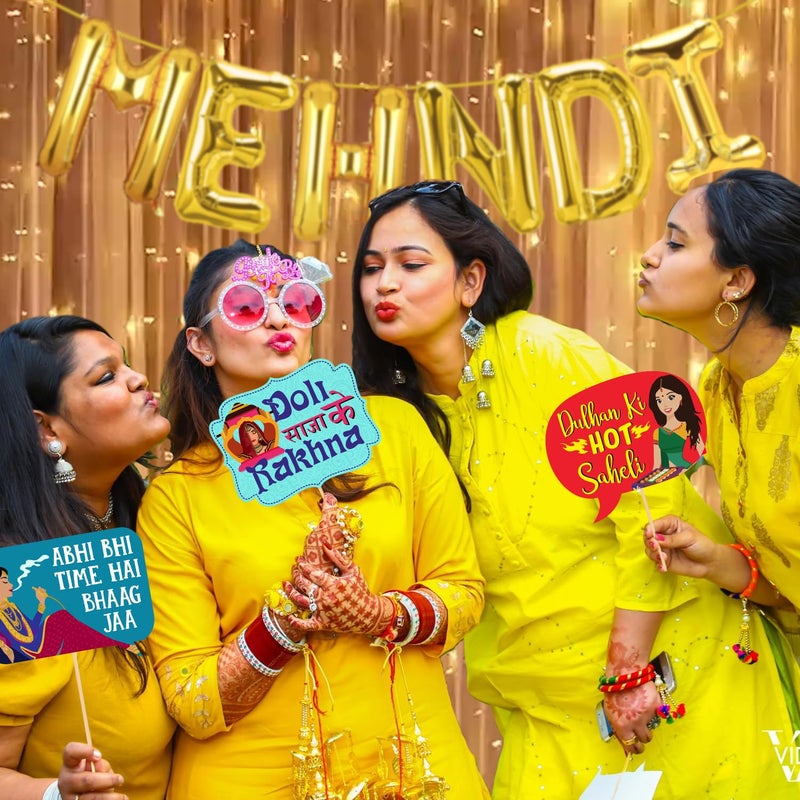 Zyozique ® Mehndi Ceremony Decorations Combo / Mehndi Decorations Props for Bride and Family - Mehndi Foil Balloons, Photo Booth Props & Rice Light (Pack Of 29) - Image 5