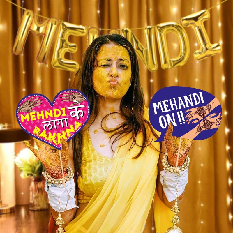 Zyozique ® Mehndi Ceremony Decorations Combo / Mehndi Decorations Props for Bride and Family - Mehndi Foil Balloons, Photo Booth Props & Rice Light (Pack Of 29) - Image 4