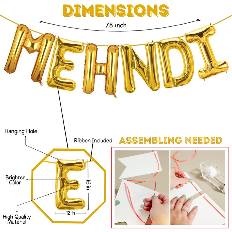 Zyozique ® Mehndi Ceremony Decorations Combo / Mehndi Decorations Props for Bride and Family - Mehndi Foil Balloons, Photo Booth Props & Rice Light (Pack Of 29) - Image 3