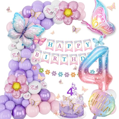 KISPATTI 4th Birthday Decorations for Girl 4 Year Old Bday Decor Girl Butterfly Bday Party Decor Pink and Purple Balloons Four Birthday Decoration - Image 1