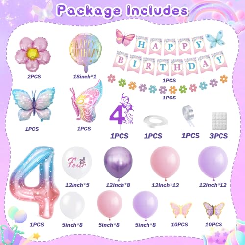 KISPATTI 4th Birthday Decorations for Girl 4 Year Old Bday Decor Girl Butterfly Bday Party Decor Pink and Purple Balloons Four Birthday Decoration - Image 5