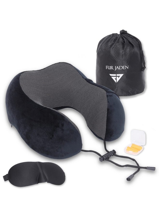 FUR JADEN - FUR JADEN Memory Foam Luxury Travel Neck Support Rest Pillow Eye Mask, Noise Isolating Ear Plugs Portable Combo (Black) - Image 1