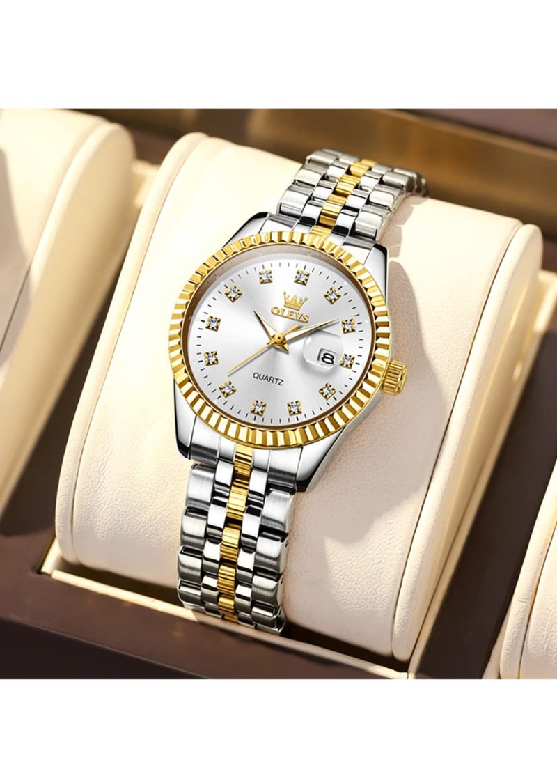 أوليفز ساعة OLEVS النسائية الماسية الفاخرة ذات الفستان النسائي انالوج كوارتز مقاومة للماء والتاريخ من الستانلس ستيل - Image 1