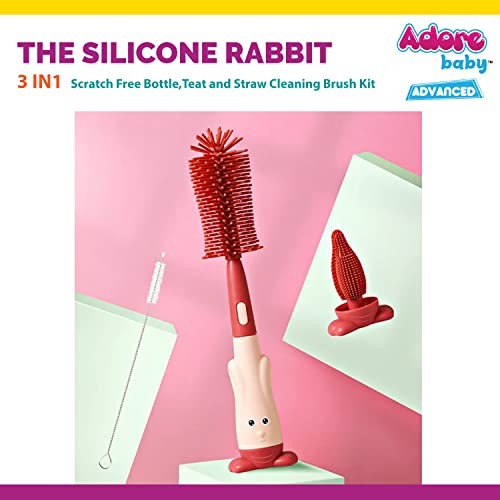 Adore RABIT 3in1 Baby Bottle Brush Silicone Bottle Brush Straw Pacifier Brush Set Water Cup Cleaning Brush (Silicone - Pink) - Image 3