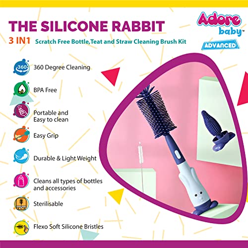 Adore RABIT 3in1 Baby Bottle Brush Silicone Bottle Brush Straw Pacifier Brush Set Water Cup Cleaning Brush (Silicone - Pink) - Image 5