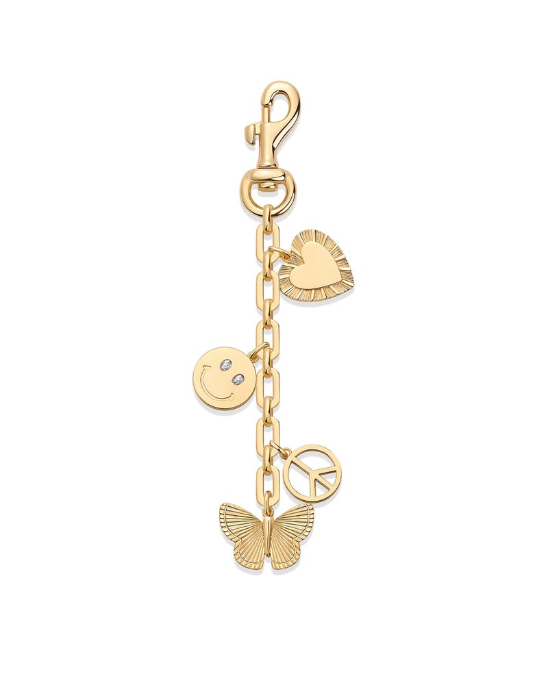 PAVOI 14K Yellow Gold Plated Keychain for Women | Removable Motif Charms with Trendy Heart, Butterfly, Peace Symbol, and Smiley Face Chain Bag Charm | Handbag Accessories with Cubic Zirconia - Image 1