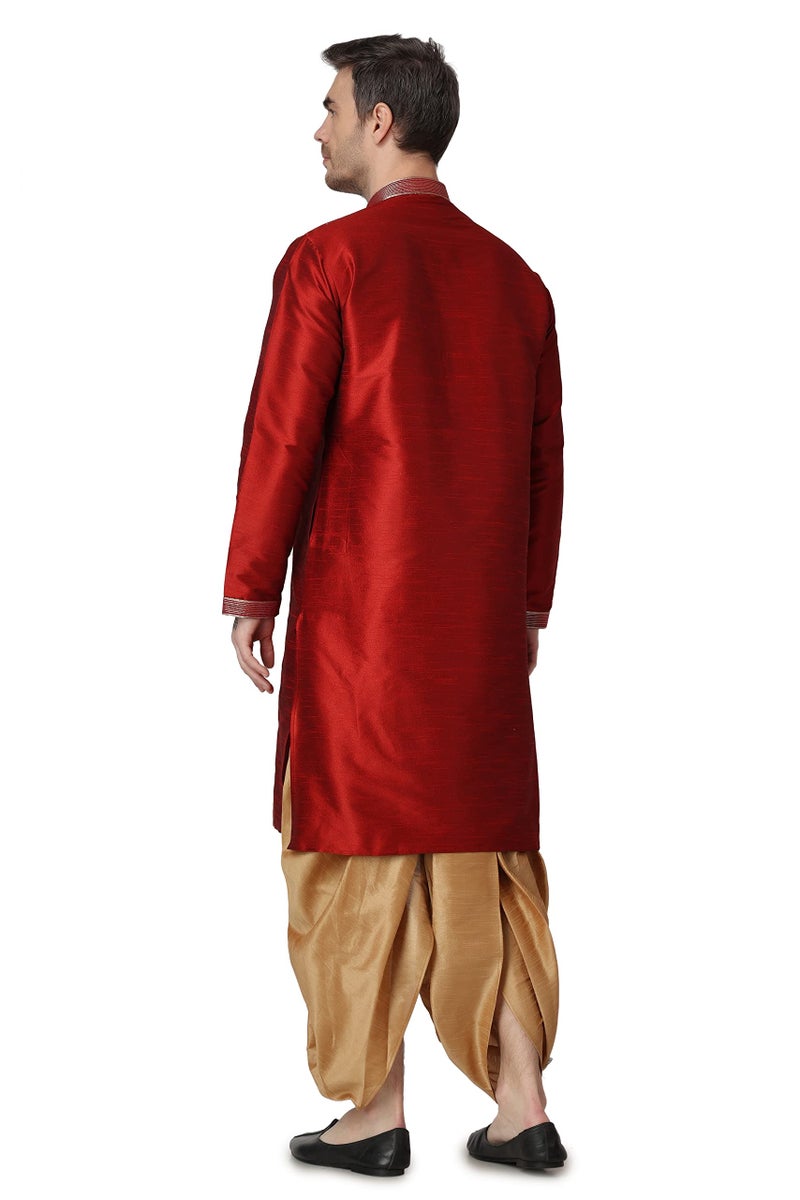 Royal Kurta Mens Cotton Silk Embroidered Kurta and Dhoti Pant Set (44, Maroon) - Image 2