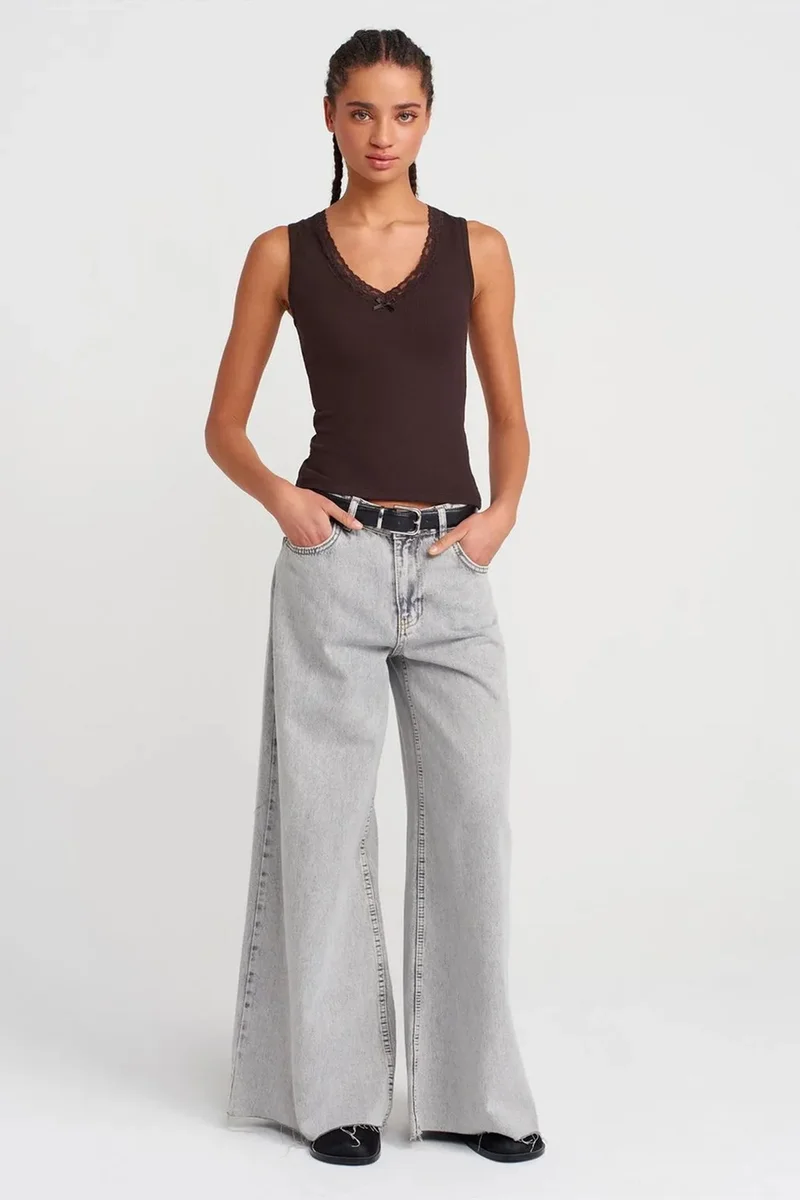 Dilvin Coffee Brown DILVIN Sleeveless Lace Ribbed V-neck Blouse for Women | Best Price UAE