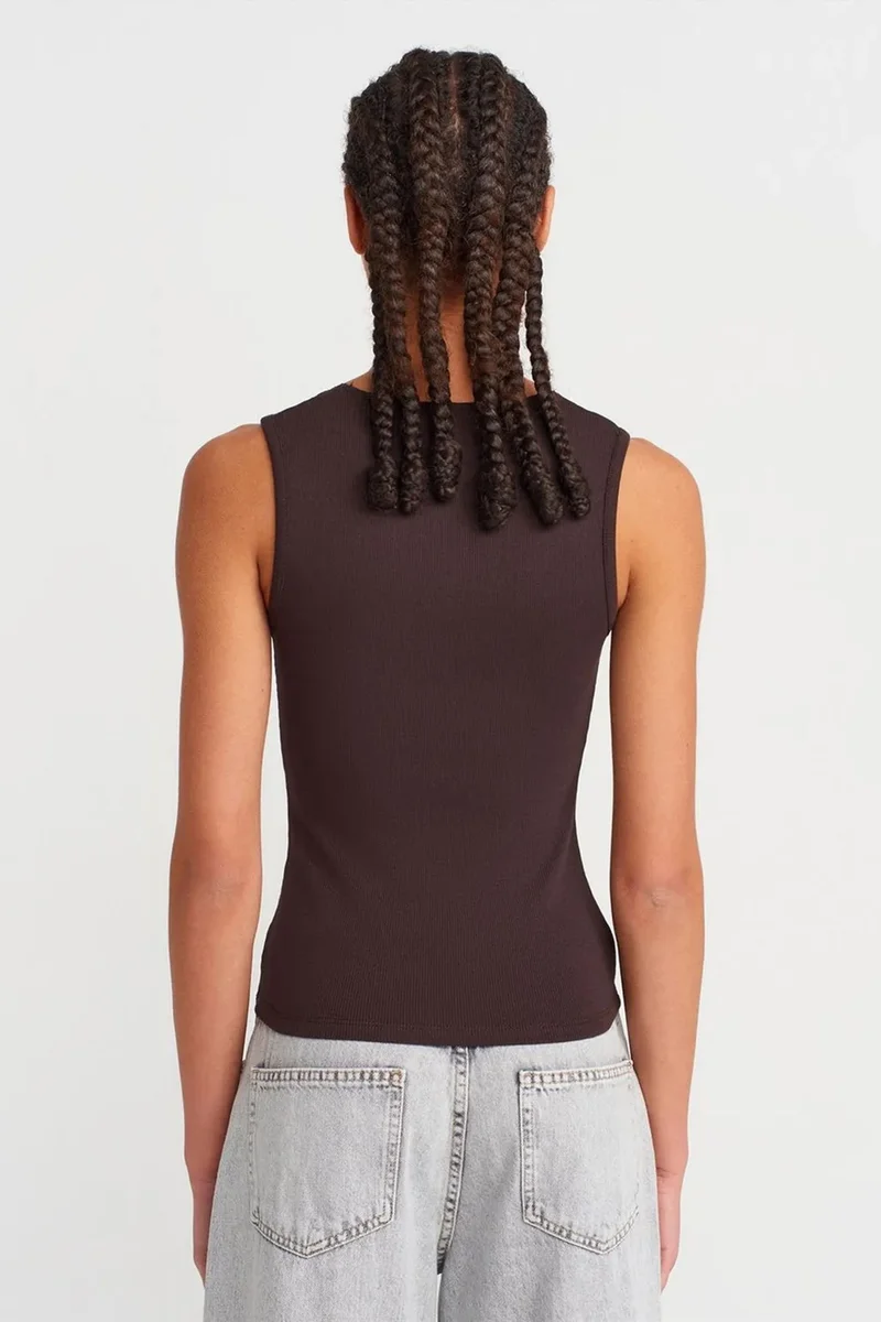Dilvin Coffee Brown DILVIN Sleeveless Lace Ribbed V-neck Blouse for Women | Best Price UAE