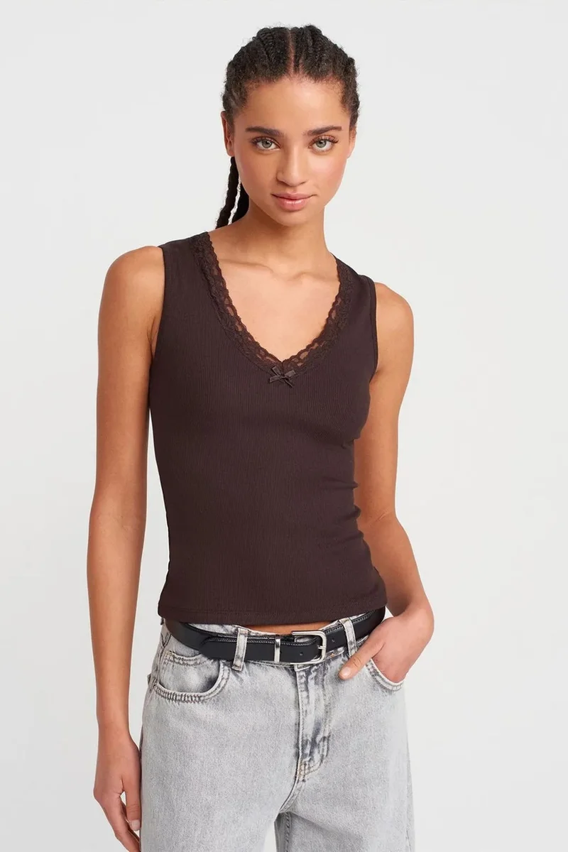Dilvin Coffee Brown DILVIN Sleeveless Lace Ribbed V-neck Blouse for Women | Best Price UAE