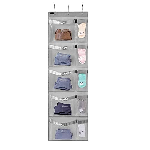 ANZORG Weekly Kids Clothes Organizer Day of Week School Clothing Storage Monday to Friday Hanging Closet Organizer (Grey) - Image 1