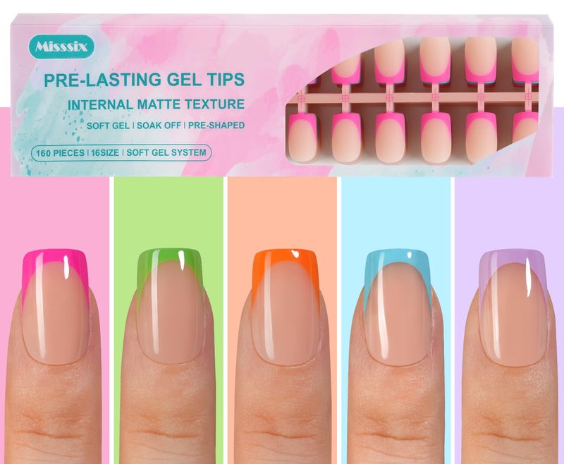 Misssix French Gel Nail Tips, 160Pcs French Tip Press on Nails Short Square, No Need to File Tips Pre-lasting, Fake Nails for Nail Art DIY 16 Sizes - Image 1