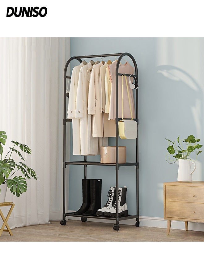 DUNISO 2-in 1 Garment Rack with Wheel and Side Hooks,Clothing Storage  Organizer with Bottom Storage,Multi-Functional Coat Rack Storage for Bedroom Laundry ,Small Place ,Entryway  （Black） - Image 1