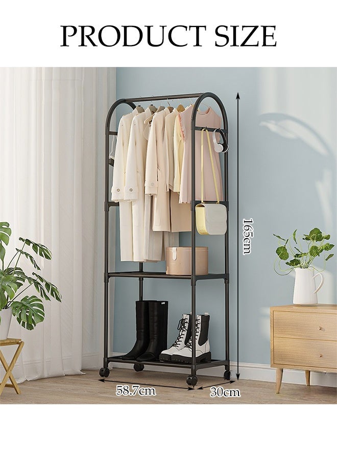 DUNISO 2-in 1 Garment Rack with Wheel and Side Hooks,Clothing Storage  Organizer with Bottom Storage,Multi-Functional Coat Rack Storage for Bedroom Laundry ,Small Place ,Entryway  （Black） - Image 2