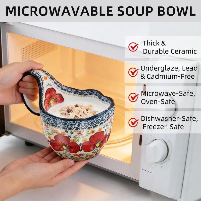 ALMA 2026 Updated Soup Bowls With Loop Handles Microwave & Oven Safe, 18oz Handpainted Flower Soup Mug for Women, Decorative Ceramic Cereal Bowls For Soup,Fruits,Stew,Ice cream,Snack-Red Lily Theme - Image 5