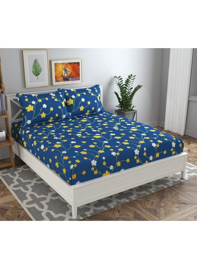 BSB HOME 120 Tc Double Floral Printed Bedsheet with 2 Pillow Covers | 110 GSM Soft Brushed Microfiber - Breathable & Wrinkle Free - (86 X 88 Inch, Dark Blue & Yellow & White), 144 Tc - Image 2