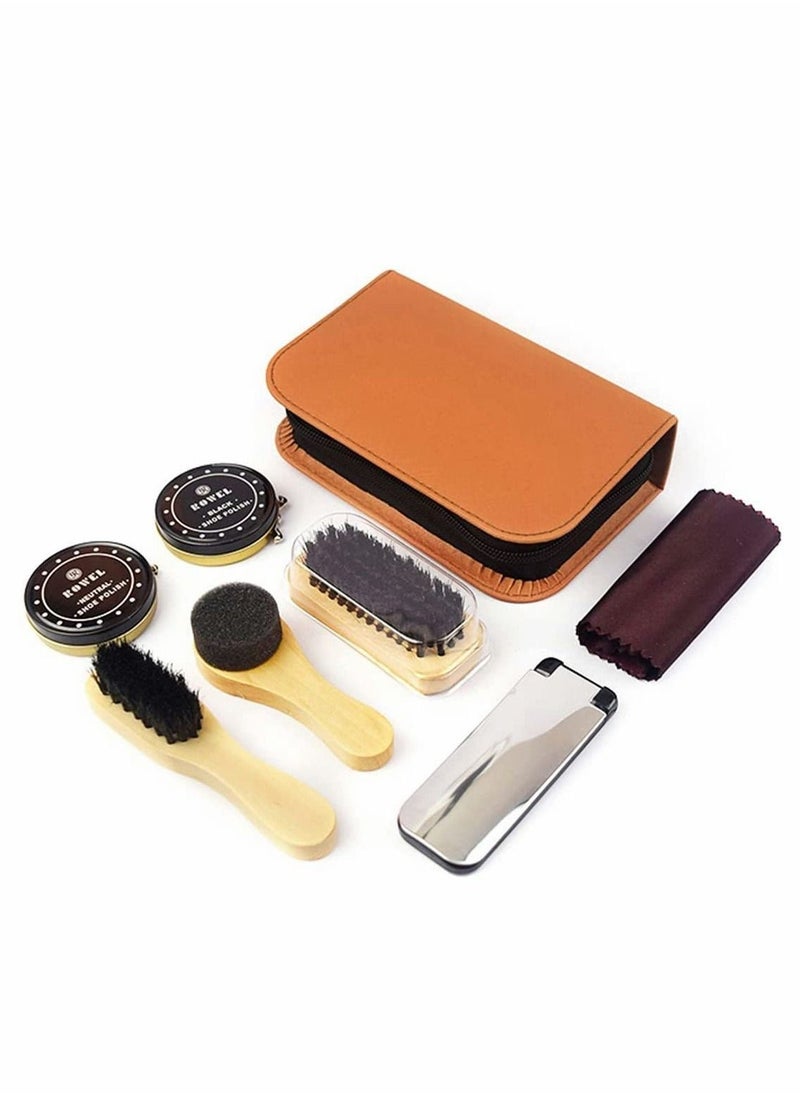 Beauenty Shoe Polish Kit, 7pcs Brush Polish Set with PU Leather Carring Case, Soft Brush, Shoe Cloth, Sponge Brush, Long Handle Brush, Colorless Shoe Polish and Round Sponge Brush For Home Travling