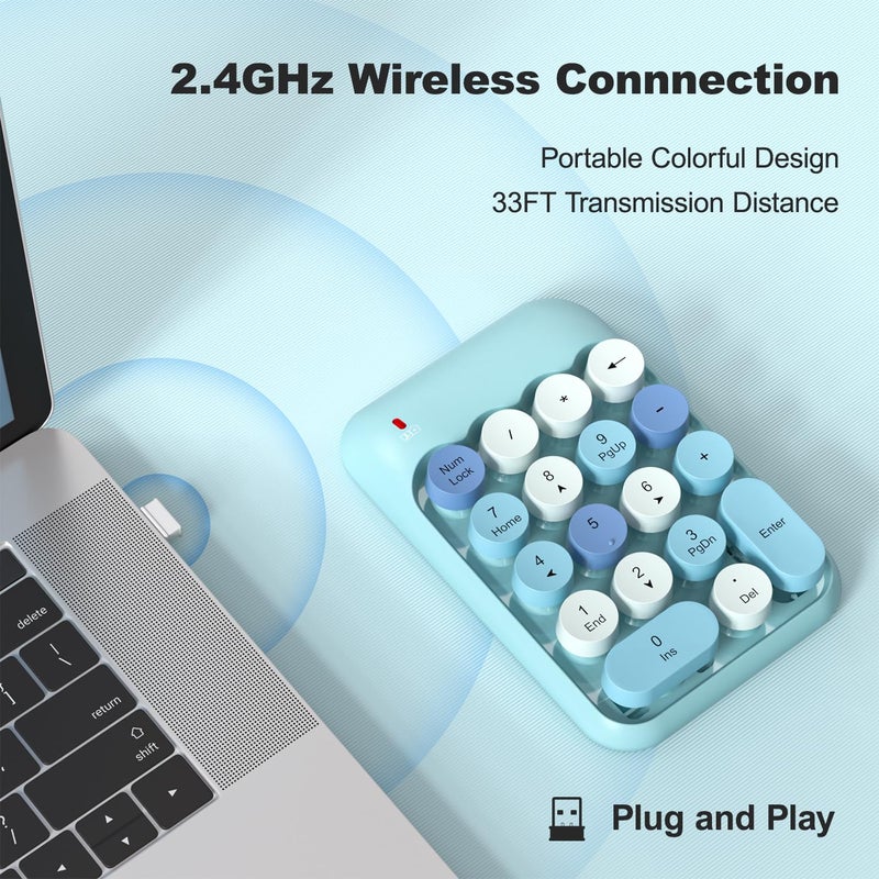 MOWUX Wireless Number Pads, Cute Colorful Numeric Keypad Numpad Portable 2.4 GHz Financial Accounting Number Keyboard Extensions, 18 Key Number Numpad for Laptop Desktop, PC (Blue) - Image 2