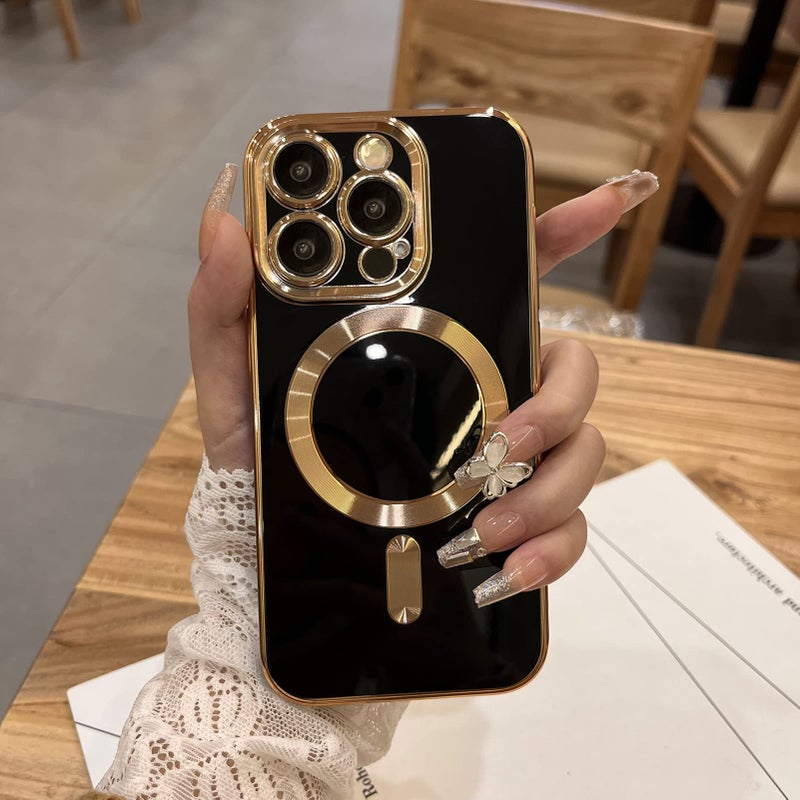 OOK Magnatic Case for iPhone 15 Pro Max Case [Compatible with MagSafe] Full Camera Lens Protector Gold Electroplate Edge Soft TPU Shockproof Protective Phone Case for Women Men 6.7 Inch - Black - Image 1