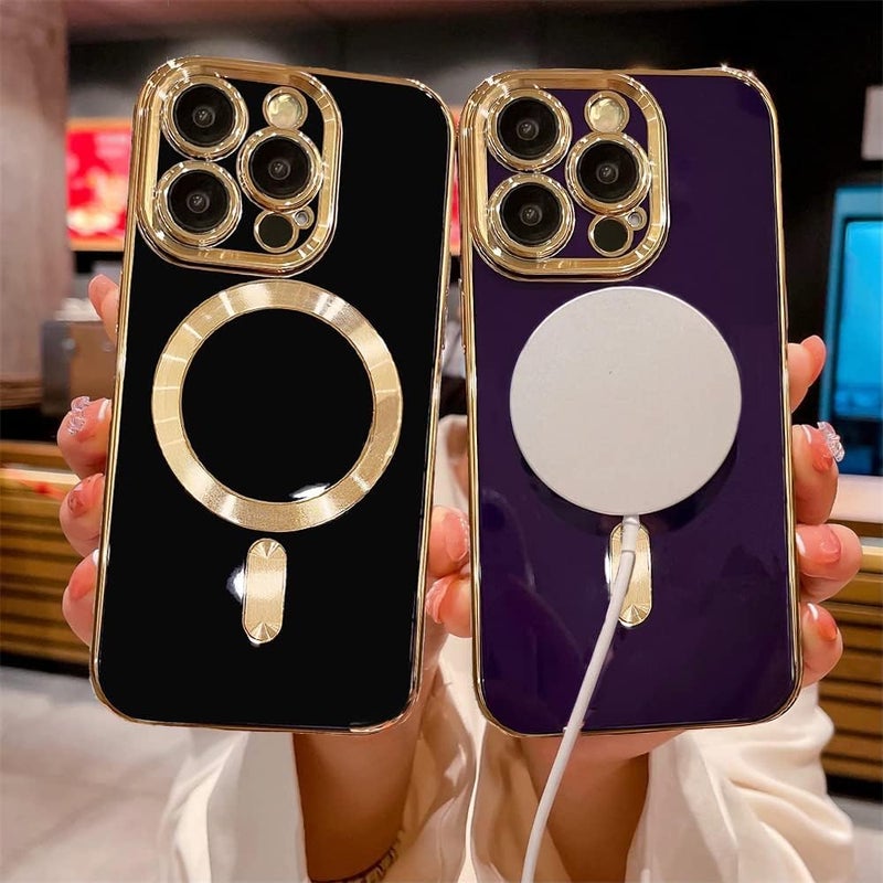 OOK Magnatic Case for iPhone 15 Pro Max Case [Compatible with MagSafe] Full Camera Lens Protector Gold Electroplate Edge Soft TPU Shockproof Protective Phone Case for Women Men 6.7 Inch - Black - Image 3