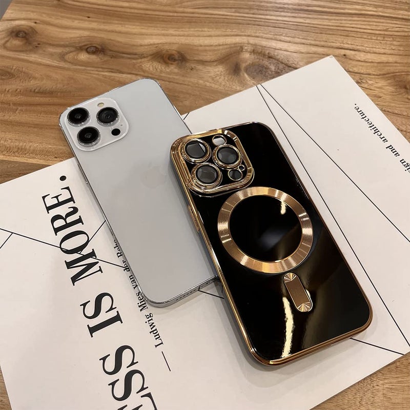 OOK Magnatic Case for iPhone 15 Pro Max Case [Compatible with MagSafe] Full Camera Lens Protector Gold Electroplate Edge Soft TPU Shockproof Protective Phone Case for Women Men 6.7 Inch - Black - Image 2