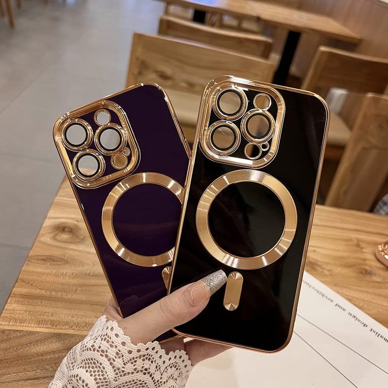 OOK Magnatic Case for iPhone 15 Pro Max Case [Compatible with MagSafe] Full Camera Lens Protector Gold Electroplate Edge Soft TPU Shockproof Protective Phone Case for Women Men 6.7 Inch - Black - Image 4