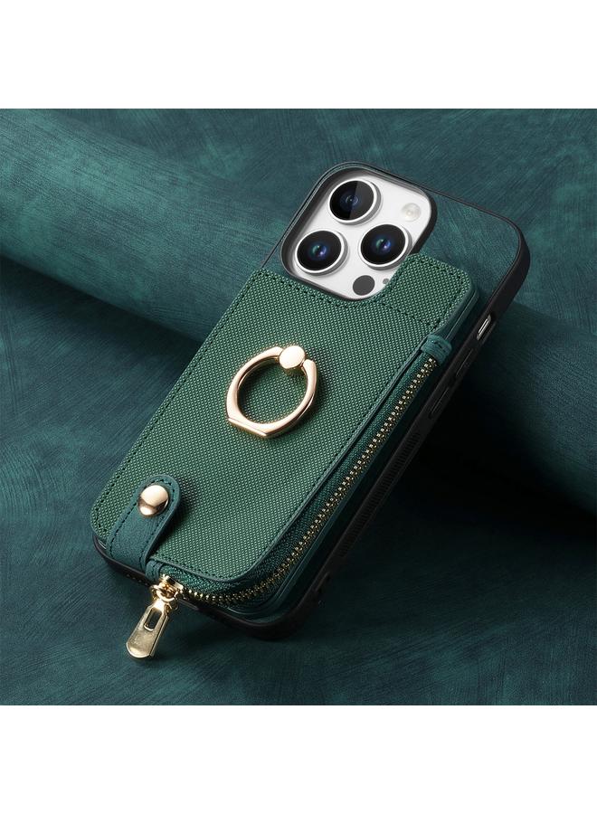 S-TOP Case For iPhone 16 Pro Max Cross Leather Ring Vertical Zipper Wallet Back Phone Case - Image 2