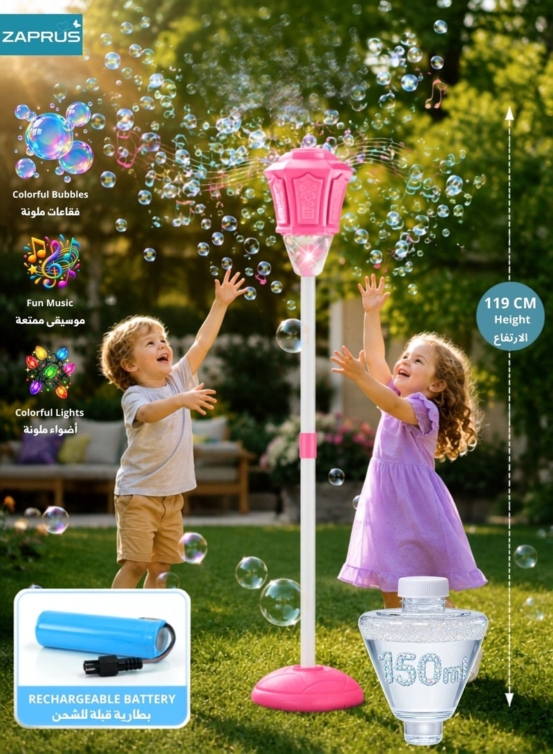 Zaprus Automatic Vertical Bubble Machine for Parties - 2-Level Adjustable Height Standing Bubble Maker with Lights & Music - Rechargeable Battery Operated Outdoor Bubble Blower for Kids, Weddings & Birthdays - Image 1