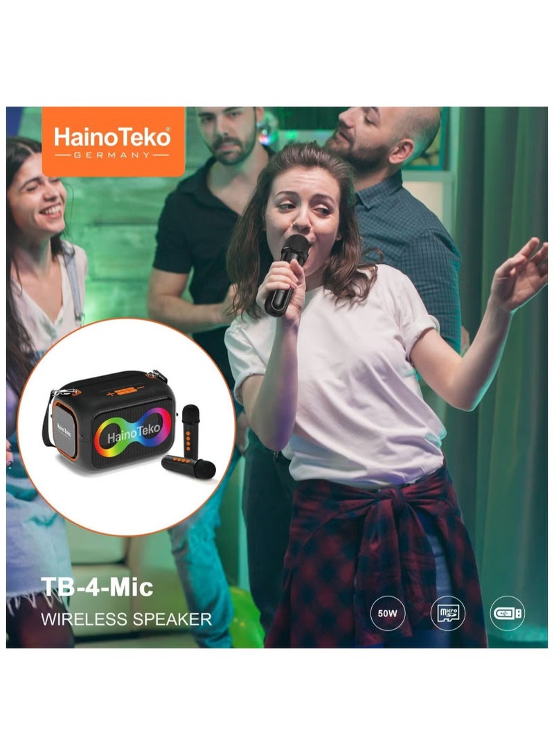 HainoTeko TB-4 Portable Wireless Bluetooth Speaker with 2 Wireless Mics – 50W Output Power, RGB Lighting, Multi-Functional Button Control, Black - Image 3