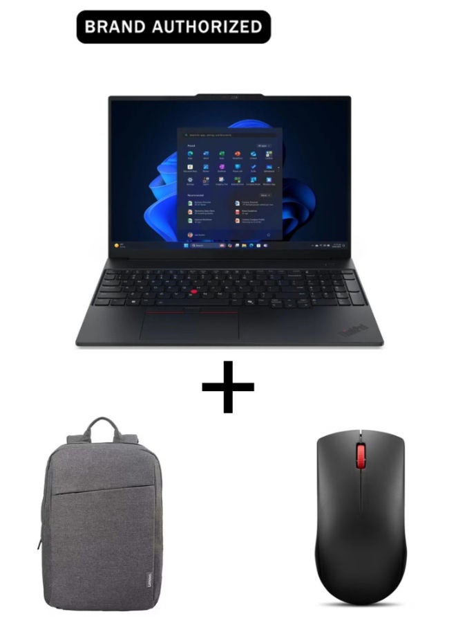 لينوفو لابتوب ثينك باد E16 من الجيل الثالث بشاشة 16 بوصة WUXGA / معالج Intel Core Ultra 7 256V / ذاكرة تخزين 16 جيجابايت / قرص SSD بسعة 512 جيجابايت / معالج Intel Arc / مع حقيبة ظهر لينوفو B210 لحمل اللابتوب بشاشة 15.6 بوصة + ماوس لينوفو اللاسلكي الصغير 150 الإنجليزية/العربية black - Image 1