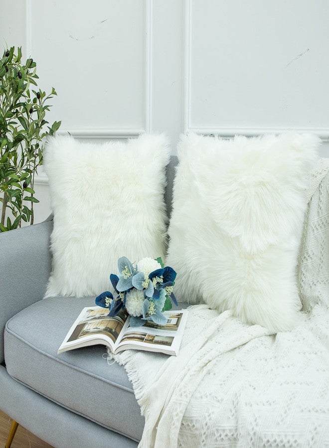 LIGICKY Set of 2 Decorative White Fluffy Pillow Covers Shams New Luxury Series Merino Style Faux Fur Throw Pillow Covers Square Fuzzy Furry Cushion Case 16x16 Inch - Image 1