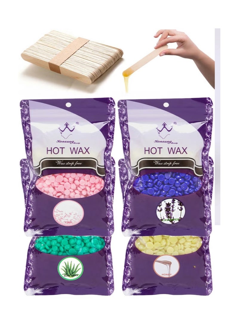 كونسونج بيوتي حبيبات شمع ساخنة لإزالة الشعر 400 جرام (4 × 100 جرام) مع 50 عصا شمع خشبية لإزالة الشعر بسهولة. - Image 1