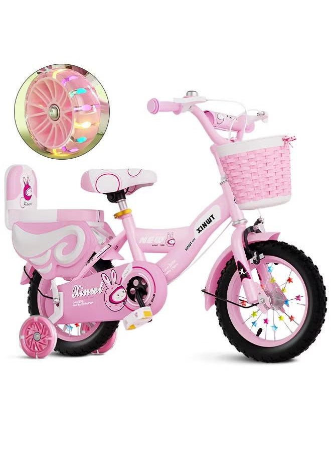 XiuWoo Girls Bike for Toddlers and Kids,12 Inch Kids Bike with Training Wheels and Basket, Girl Bicycle with Handbrake and Kickstand, Black Wheels,Pink 