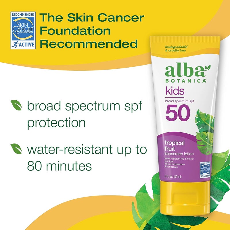 Alba Botanica Kids Tropical Fruit Sunscreen Lotion, Broad Spectrum SPF 50, Water Resistant, 3 fl. oz. - Image 1