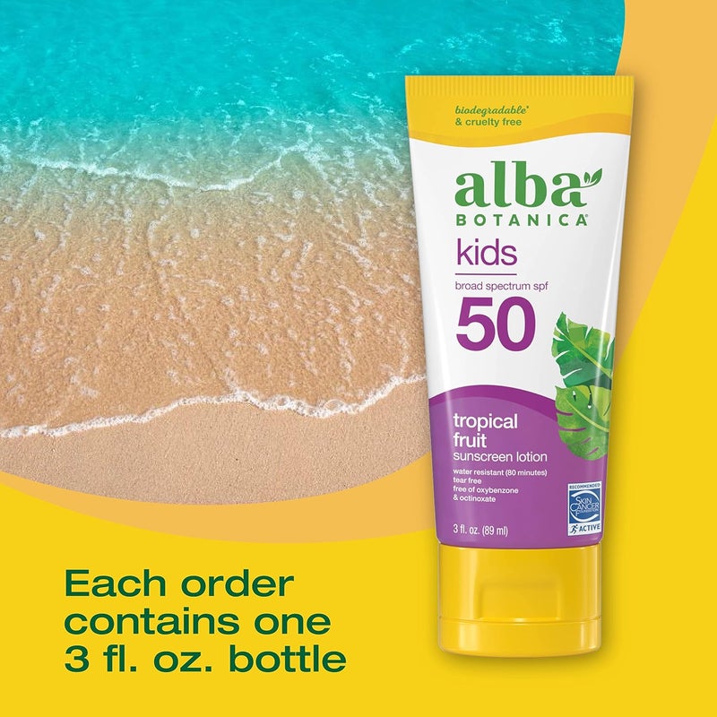Alba Botanica Kids Tropical Fruit Sunscreen Lotion, Broad Spectrum SPF 50, Water Resistant, 3 fl. oz. - Image 3