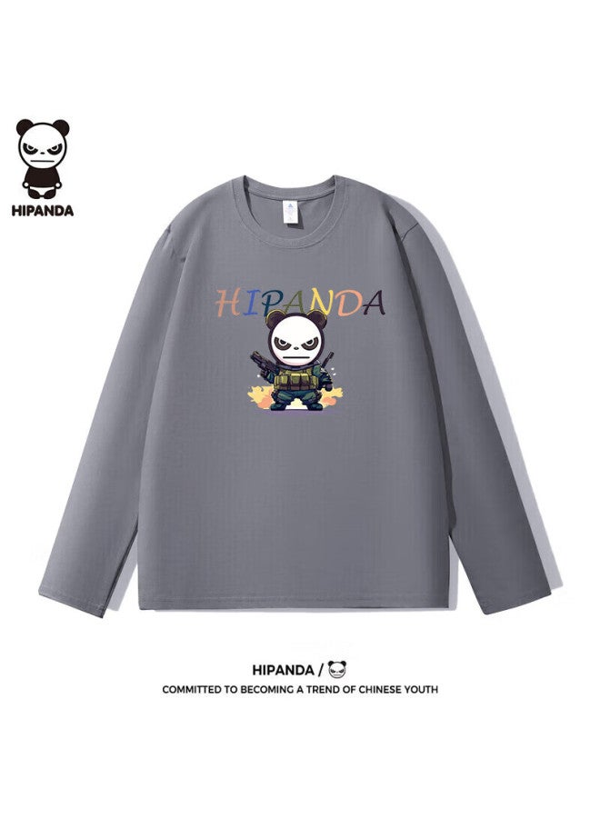 Hipanda Men's Long Sleeve T-shirt Autumn Heavyweight Pure Cotton Soft Loose Fit Crew Neck Base Layer Top Cloud Gray 2XL - Image 1