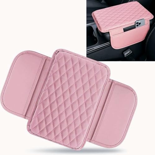 Anyhut 1 PC Car Center Console Cover Leather Car Armrest Cushion Cover with Side Storage Pockets Middle Car Interior Accessories Universal for Trucks Cars SUVs Pink - Image 1