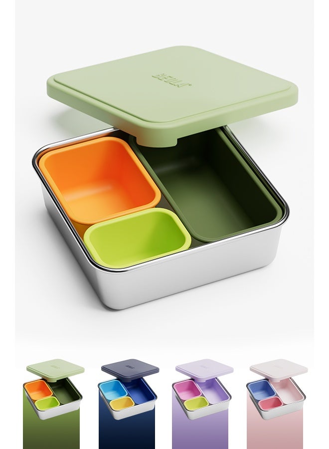 BEOLA Stainless Steel Snack Box, 3 Silicone Compartments, BPA Free, Leakproof Bento Box Snack Container, Ideal for School, Picnic & Everyday Use (Green) - Image 1