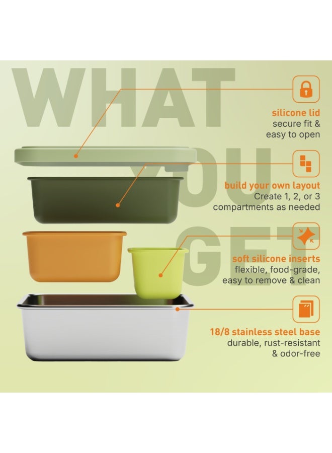 BEOLA Stainless Steel Snack Box, 3 Silicone Compartments, BPA Free, Leakproof Bento Box Snack Container, Ideal for School, Picnic & Everyday Use (Green) - Image 2