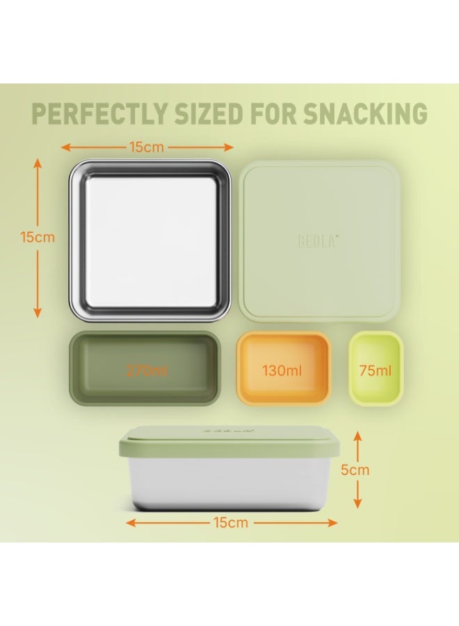 BEOLA Stainless Steel Snack Box, 3 Silicone Compartments, BPA Free, Leakproof Bento Box Snack Container, Ideal for School, Picnic & Everyday Use (Green) - Image 3