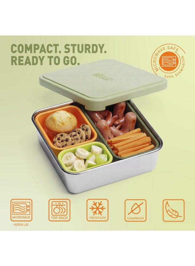 BEOLA Stainless Steel Snack Box, 3 Silicone Compartments, BPA Free, Leakproof Bento Box Snack Container, Ideal for School, Picnic & Everyday Use (Green) - Image 4
