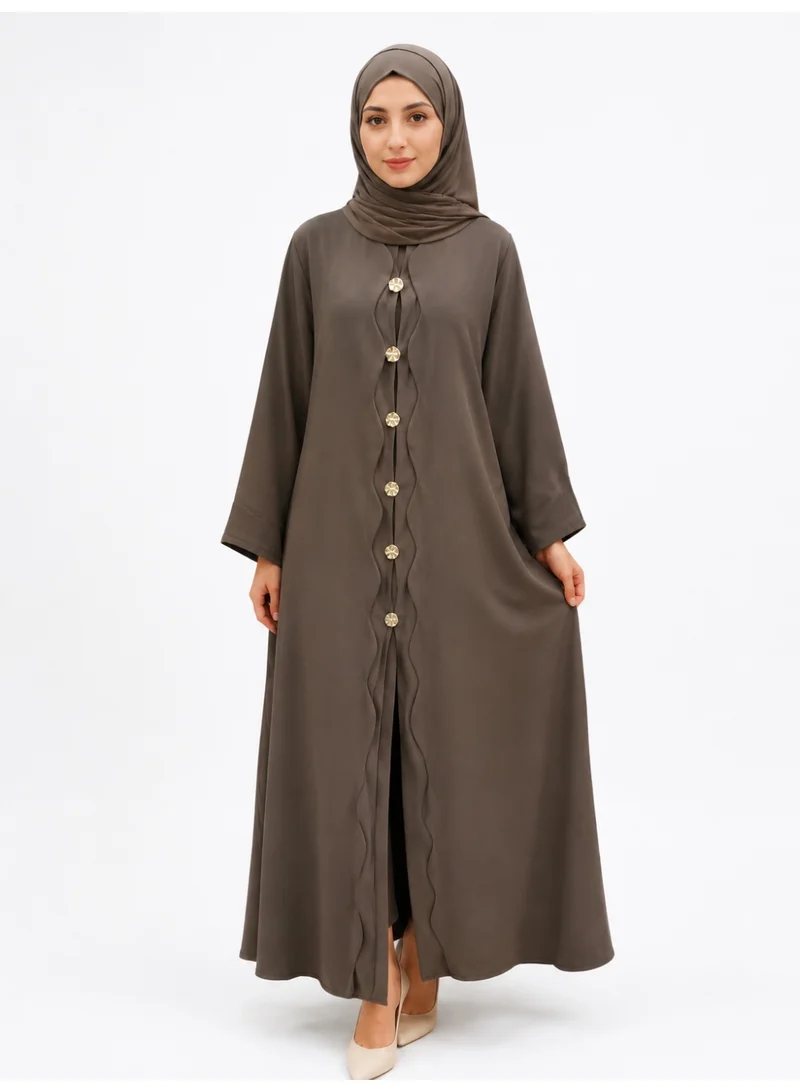 Aurelia Abaya – Women’s Brown Scalloped Front with Gold Buttons & Matching Hijab