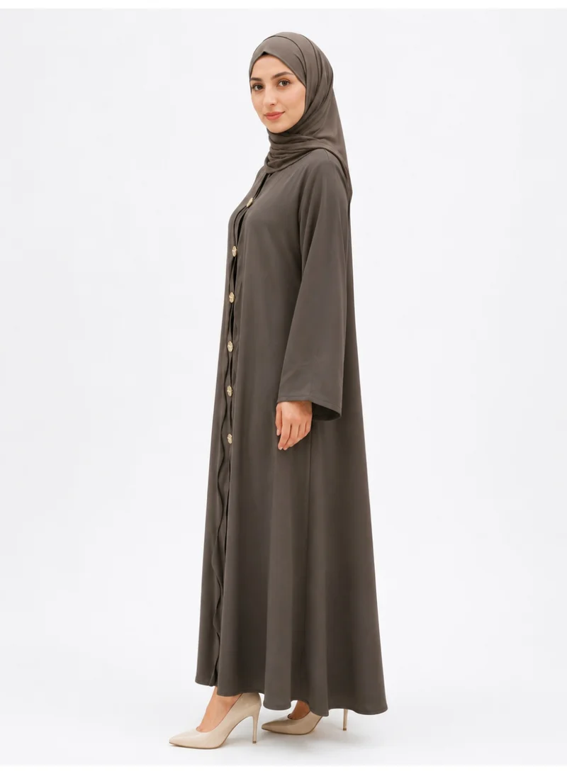 Ophelia Aurelia Abaya – Women’s Brown Scalloped Front with Gold Buttons & Matching Hijab