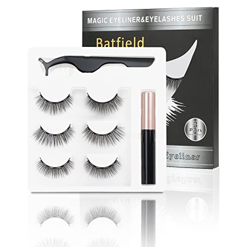 Batfield 3 Pairs of False Eyelashes Magnetic with Eyeliner and Tweezer, 3D Natural Mixed Style Magnetic Lashes, Reusable Magnetic Eyelashes for women(Style 1) - Image 1