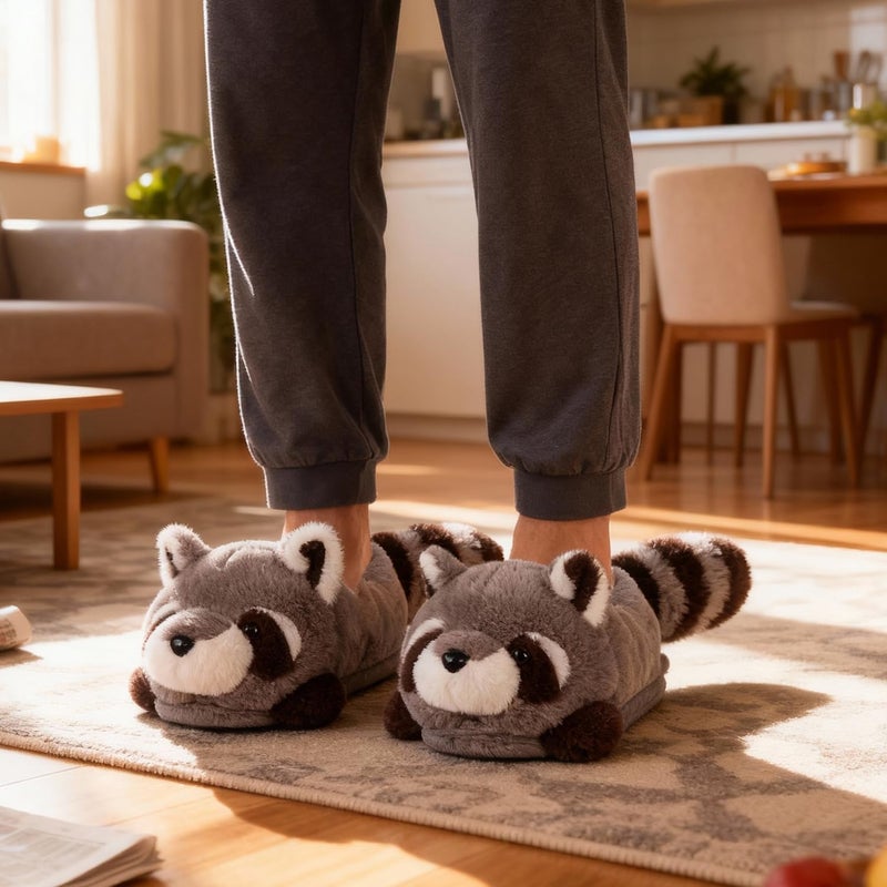 ARELUX Women's Slippers Cute Wild Animal Fuzzy Plush Funny Slippers Novelty Raccoon Cozy Soft Winter Warm House Shoes for Indoor/Outdoor - Image 3
