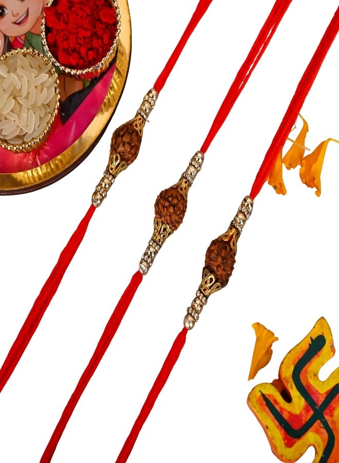 Poorak Religious Assorted Gift – 3 Rudraksh Rakhi, Roli Chawal & Greeting Card - Image 1