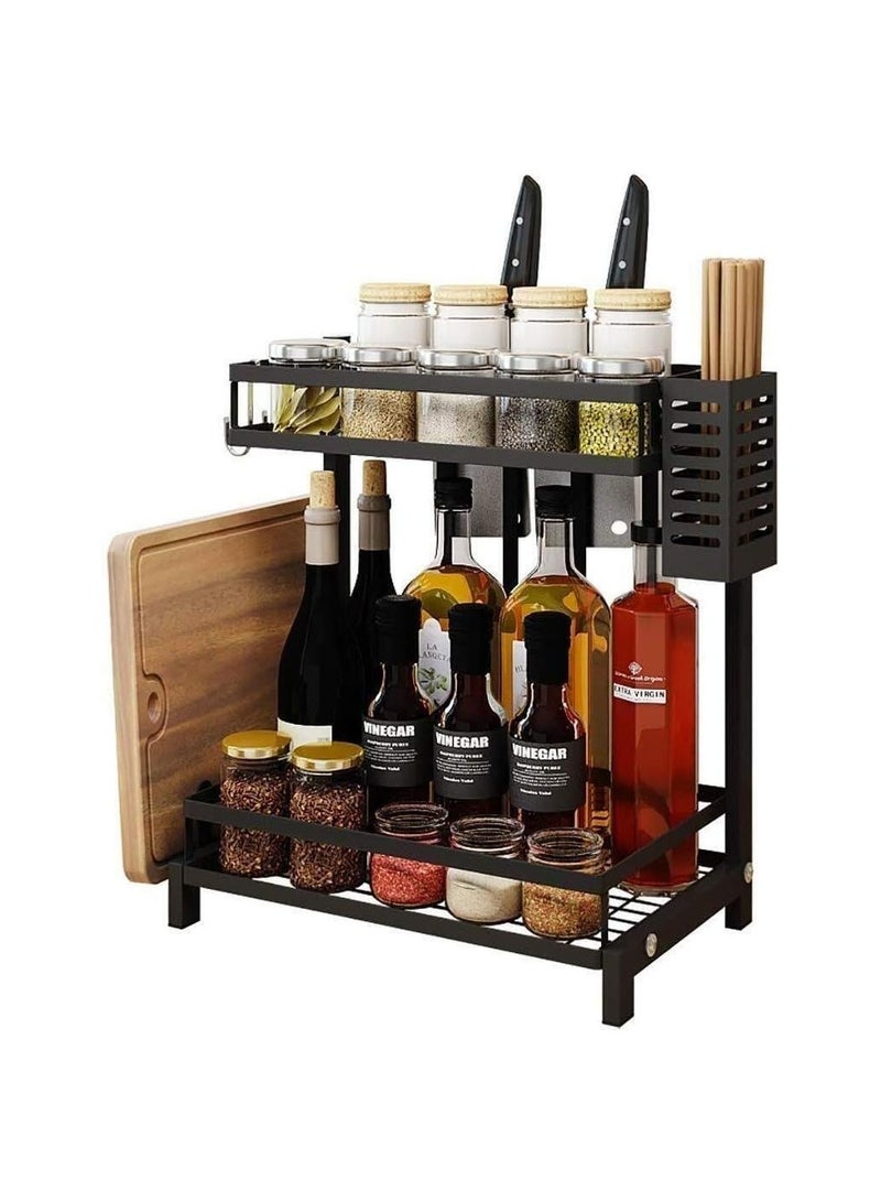 BLOOMING TIME 2-Tier Kitchen Spice Rack & Utensil Holder – Freestanding Countertop Organizer with Knife, Cutlery, and Chopping Board Storage – Metal Shelf for Jars, Bottles & More - Image 1