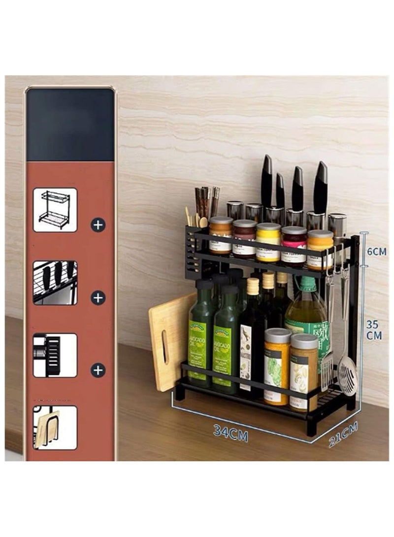 BLOOMING TIME 2-Tier Kitchen Spice Rack & Utensil Holder – Freestanding Countertop Organizer with Knife, Cutlery, and Chopping Board Storage – Metal Shelf for Jars, Bottles & More - Image 3