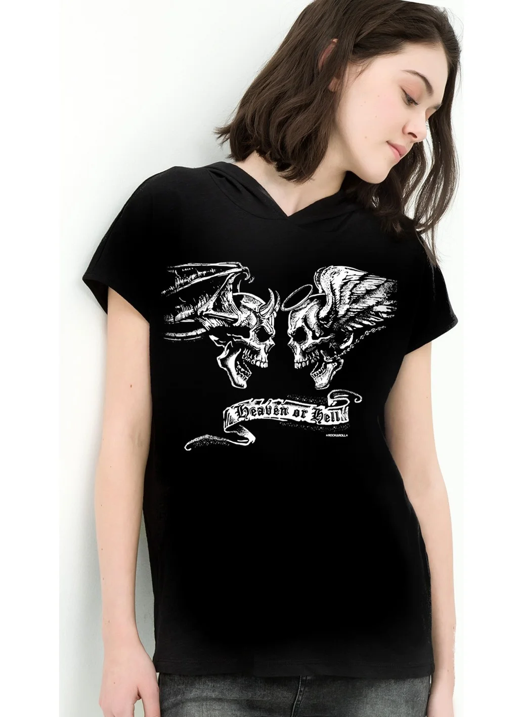 Rock&Roll Angel Devil Black Hooded Short Sleeve Women's T-Shirt