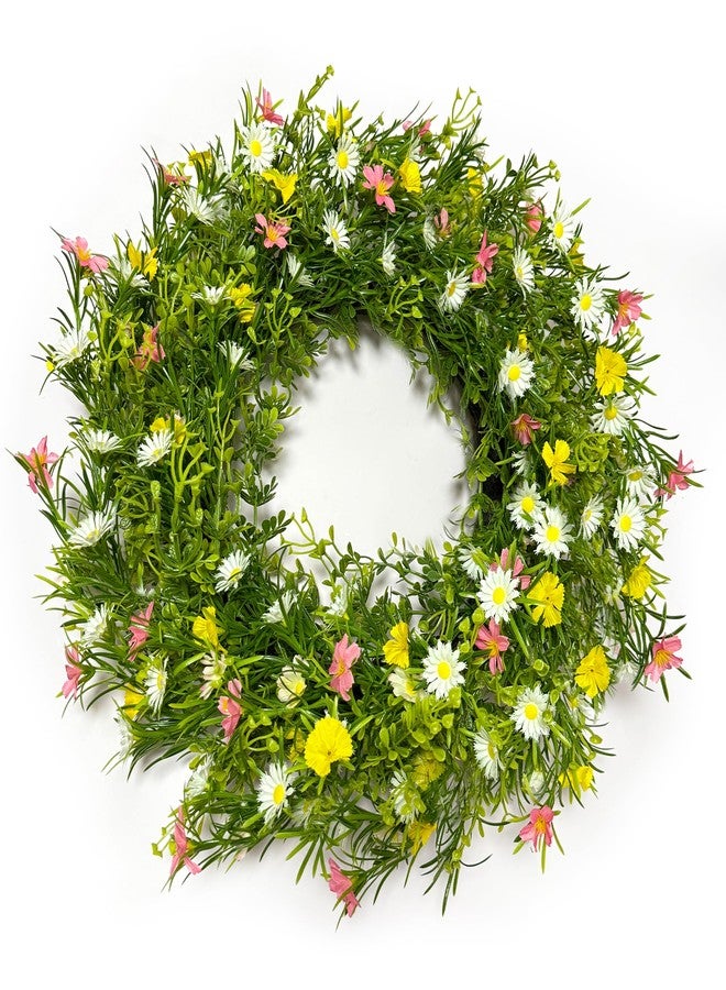 CDorigin 22" Spring Summer Wreath for Front Door, Artificial Floral Wreath with Pink Cosmos Yellow Chamomile White Daisies and Wild Grass, Indoor Outdoor Spring Summer Home Decor for Porch Window Wall - Image 1